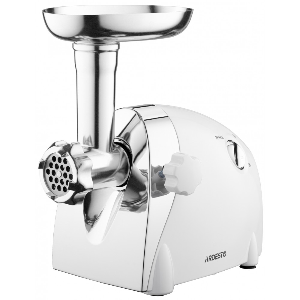 М'ясорубка Ardesto, 2000Вт, продук.-1.9кг/хв, 3 решітки + для ковб., кеббе, 3 терки, пластик, біло-сріблястий