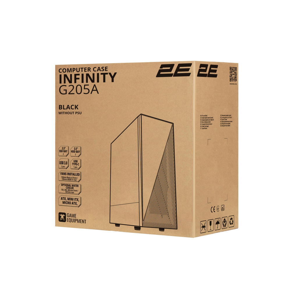 Корпус 2E GAMING Infinity G205A без БЖ 2xUSB3.0, 1xUSBType-C, 1x120мм ARGB, 2x120мм, VGA 345мм, LCS ready, TG Side Panel, ATX, чорний