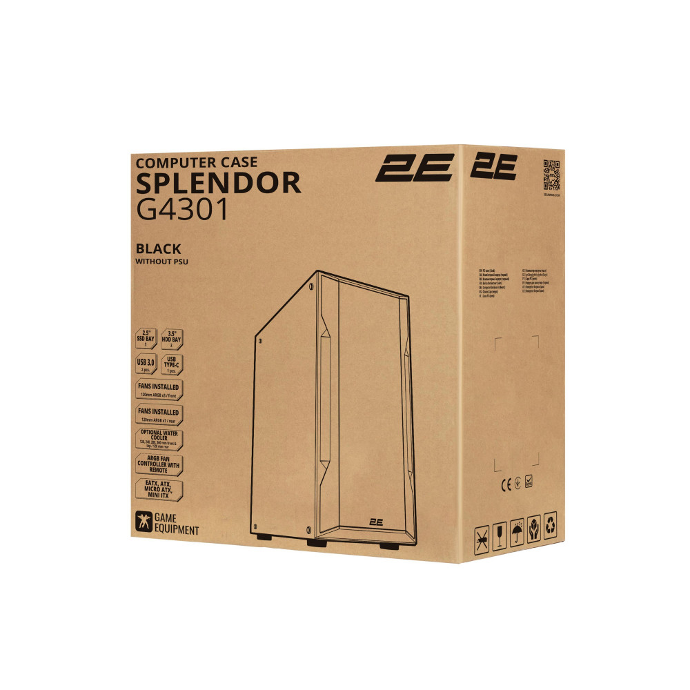 Корпус 2E GAMING Splendor G4301 без БЖ 2xUSB3.0, 1xUSBType-C, 4x120мм ARGB, VGA 415мм, LCS ready, контролер з пультом, TG Side Panel, EATX, чорний
