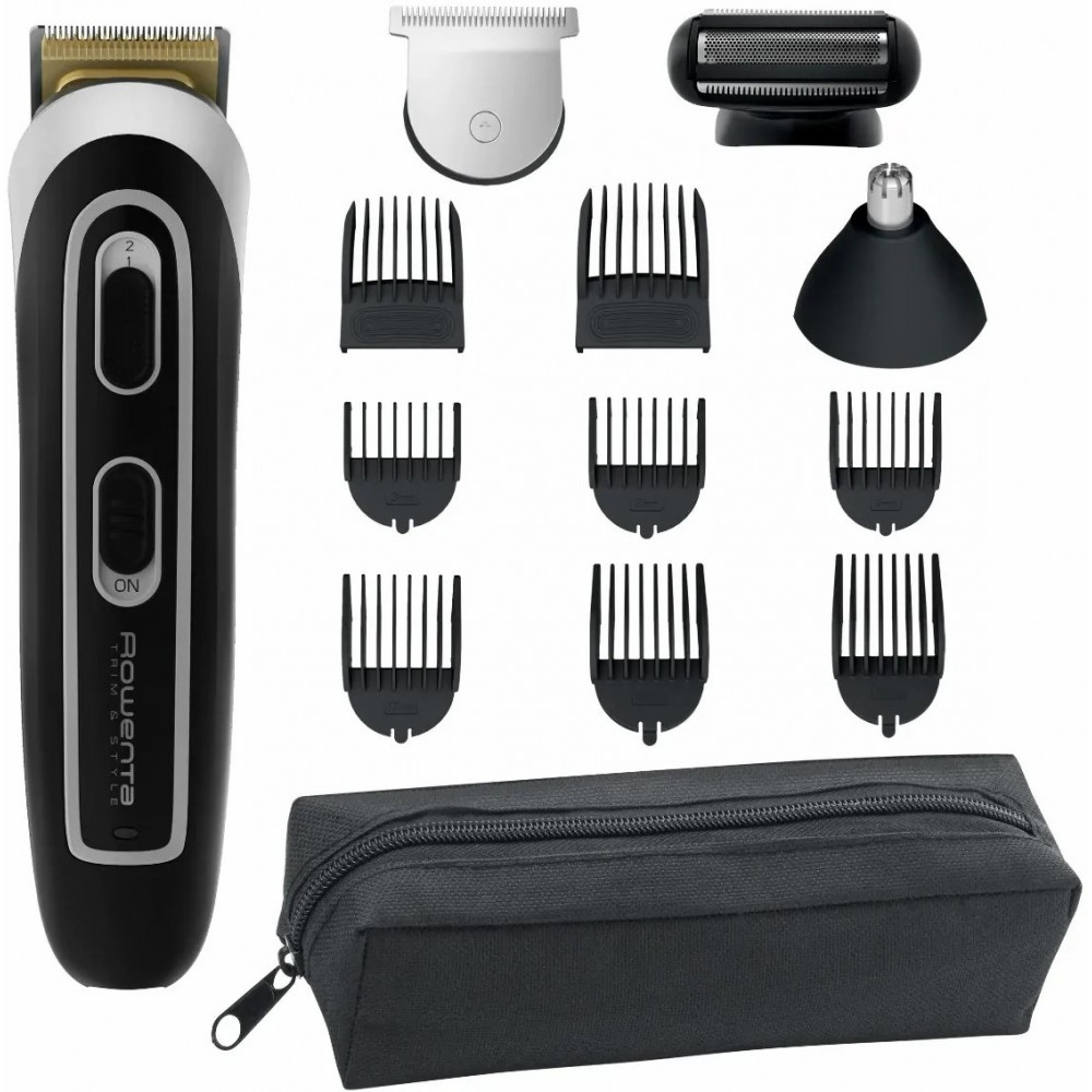 Тример Rowenta Trim & Style, для бороди, вусів, голови и тіла, мережа+акум., роторний мотор, насадок-11, чохол, титан.напил., чорно-сріблястий