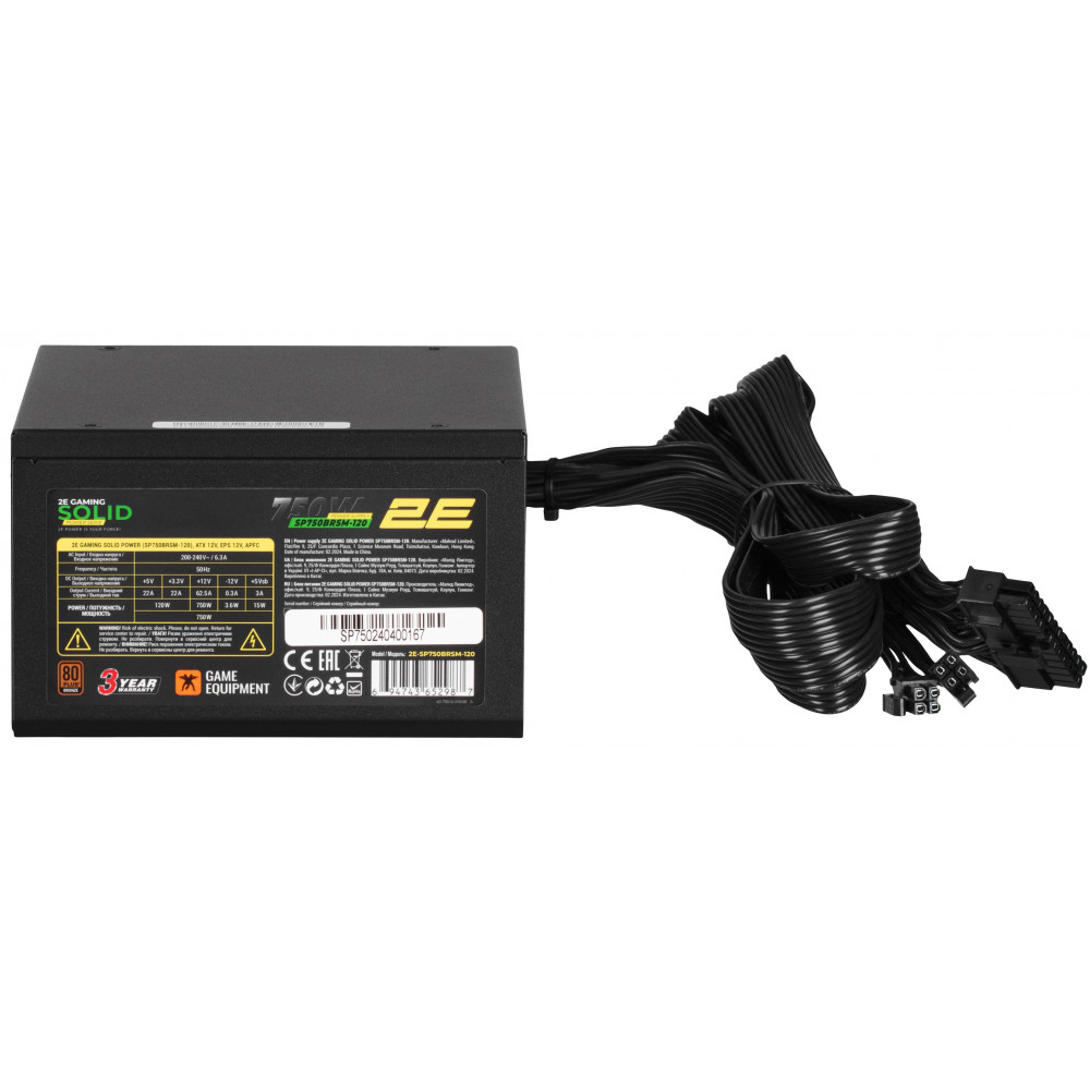 Блок живлення 2E GAMING Solid Power  (750W), >85%, 80+ Bronze, 120мм, 1xMB 24pin(20+4), 2xCPU 8pin(4+4), 3xMolex, 6xSATA, 4xPCIe 8pin(6+2), Semi Modular