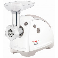 М'ясорубка Moulinex, 2000Вт, 2.6кг/хв, 2 решітки, насадка для ковбас, кеббе, томатів, 5 терок, пластик, біло-сірий