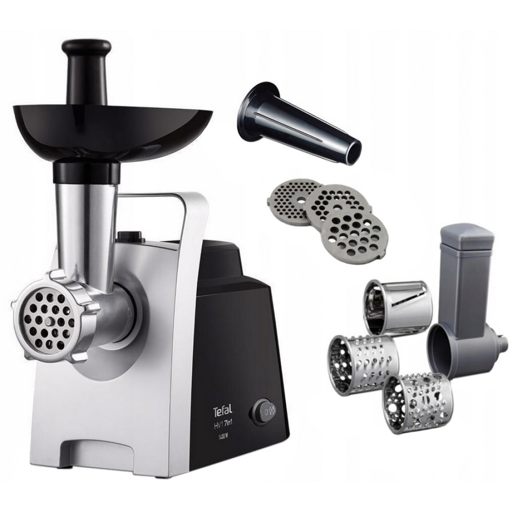 М'ясорубка Tefal HV1 7in1, 1400Вт, 1.7кг/хв, 3 решітки, насадка для ковбас, 3 терки, пластик, чорно-сріб.