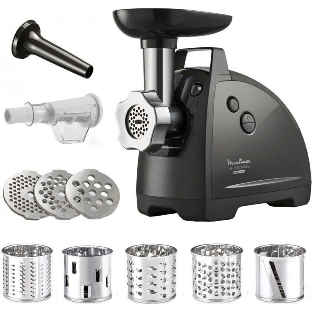 М'ясорубка Tefal HVB Plus, 2000Вт, 2.6кг/хв, 3 решітки, насадка для ковбас, кеббе, томатів, 5 терок, пластик/метал, чорний