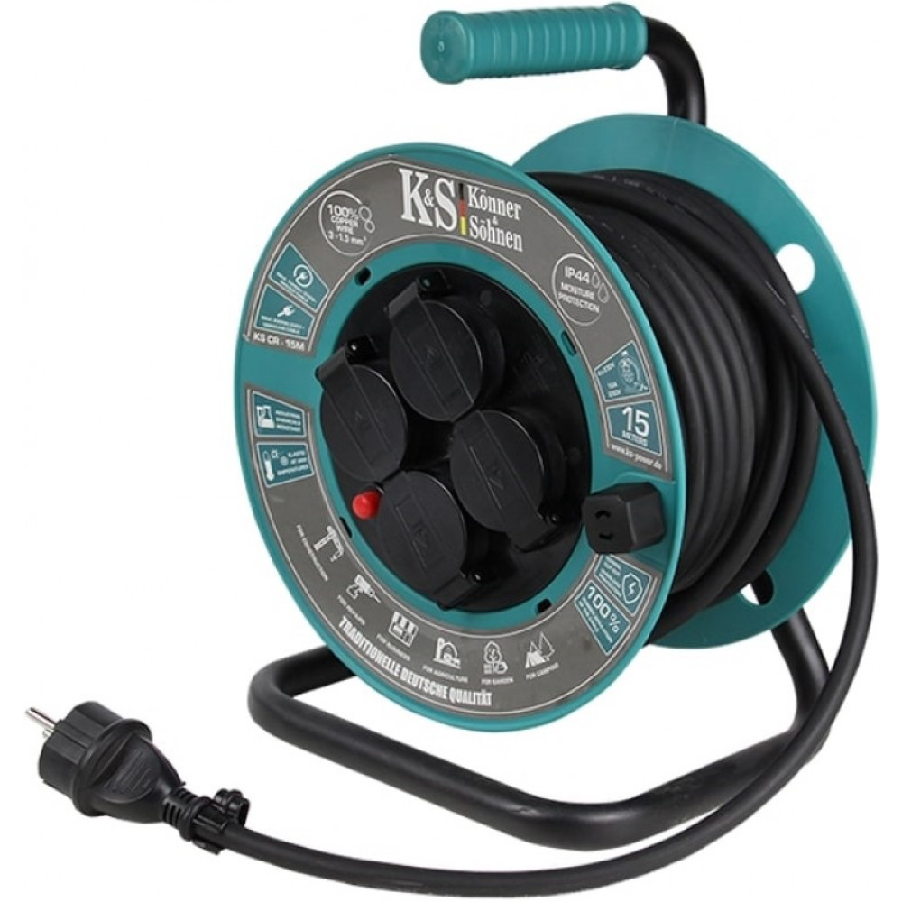 Подовжувач мережевий Konner&Sohnen KS CR-15M, 3000Вт, 4х16А/230В, 3х1.5мм, IP44, 3.2кг, на котушці, 15м, чорний
