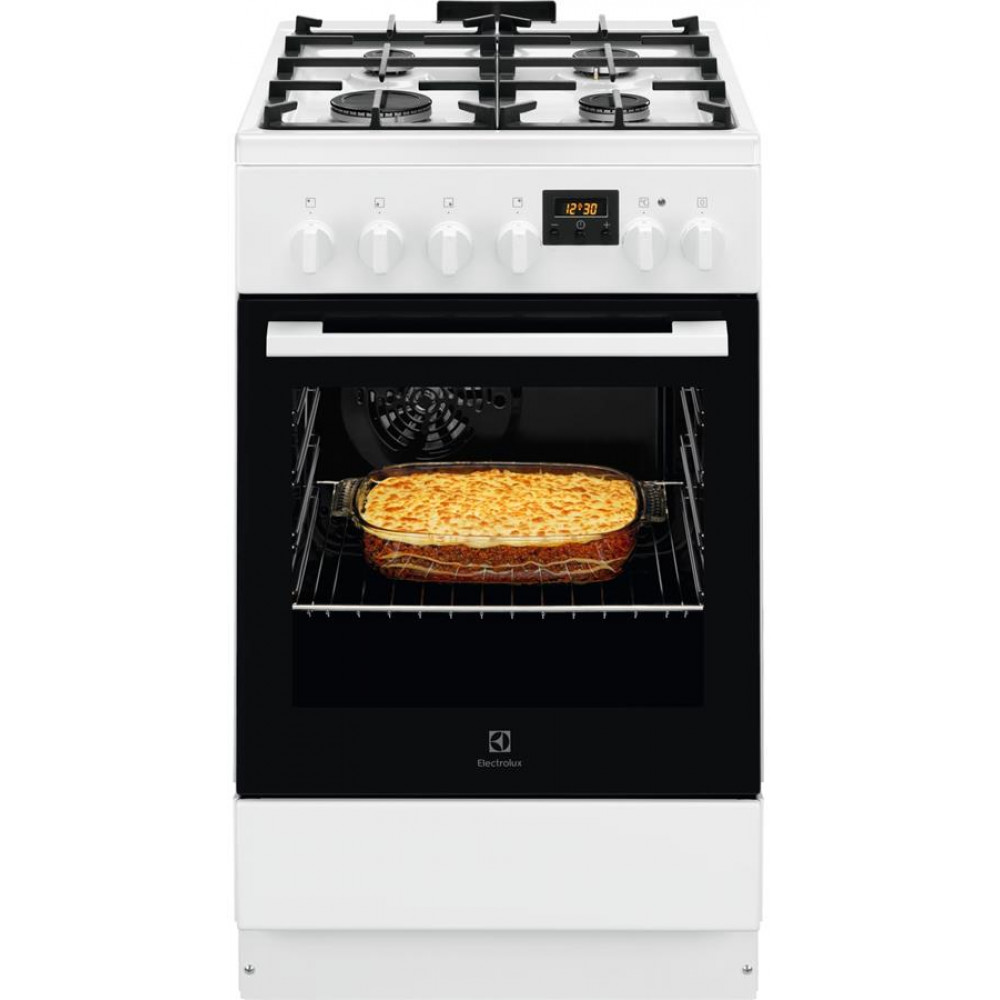 Плита Electrolux комбінована, 57л, 50x60см, дисплей, конвекція, чавун, білий