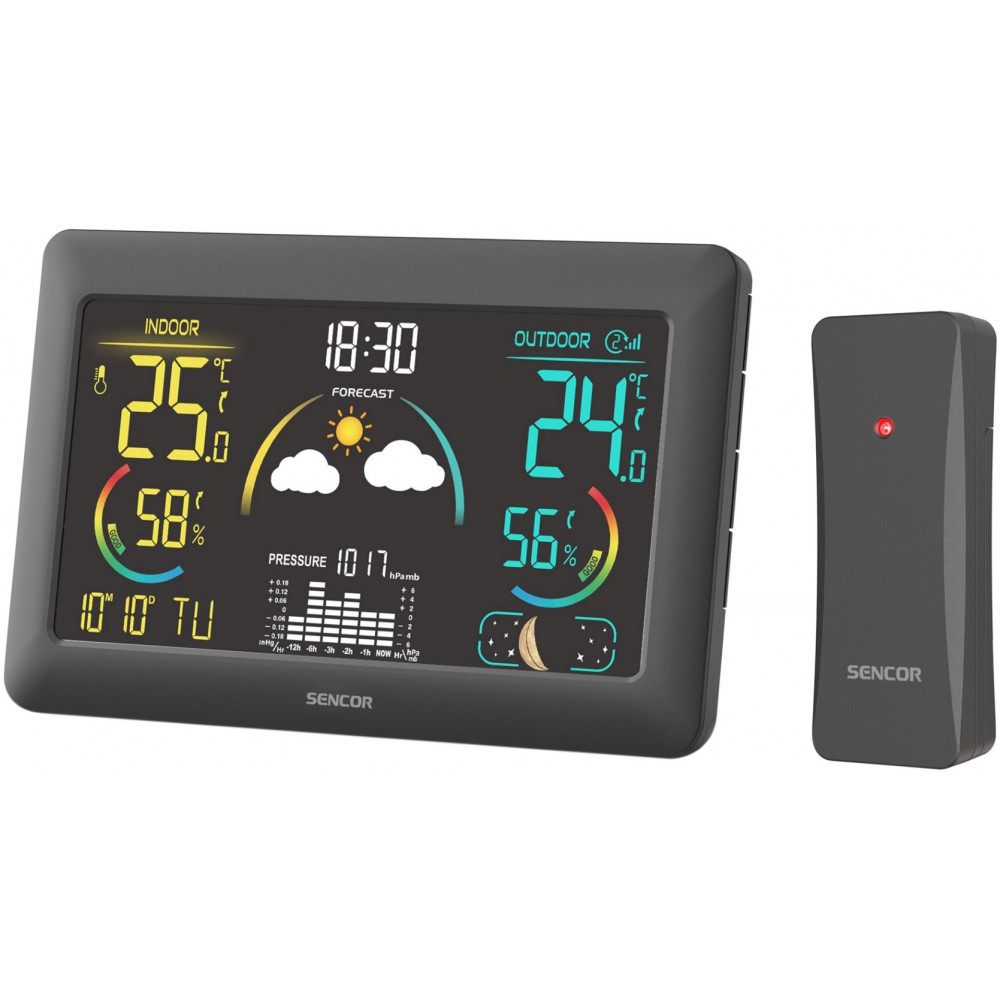 Метеостанція Sencor, внутр/зовн вимірювання, від мережі/AAх3+AAx2, темп-ра, вологість, час, прогноз погоди, чорний