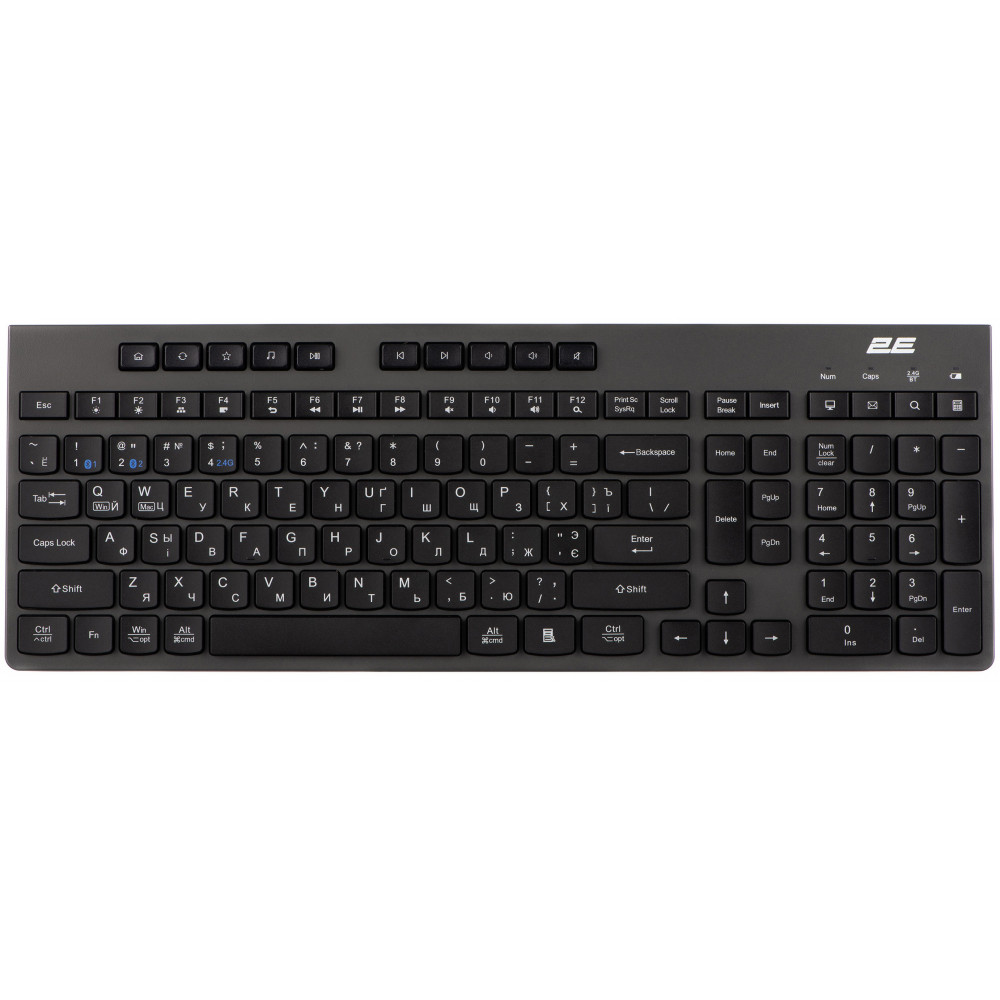 Клавіатура мембранна 2E KS280 120key, WL/BT, EN/UK/RU, silent, чорно-сіра