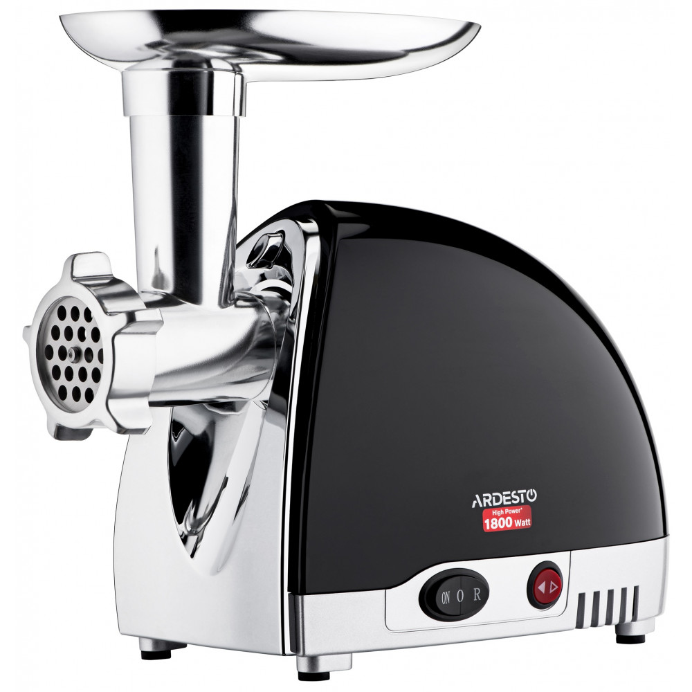 М'ясорубка Ardesto, 1800Вт, 2кг/хв, 3 решітки, насадка для ковбас, кеббе, 4 терки, пластик, чорно-сріб.