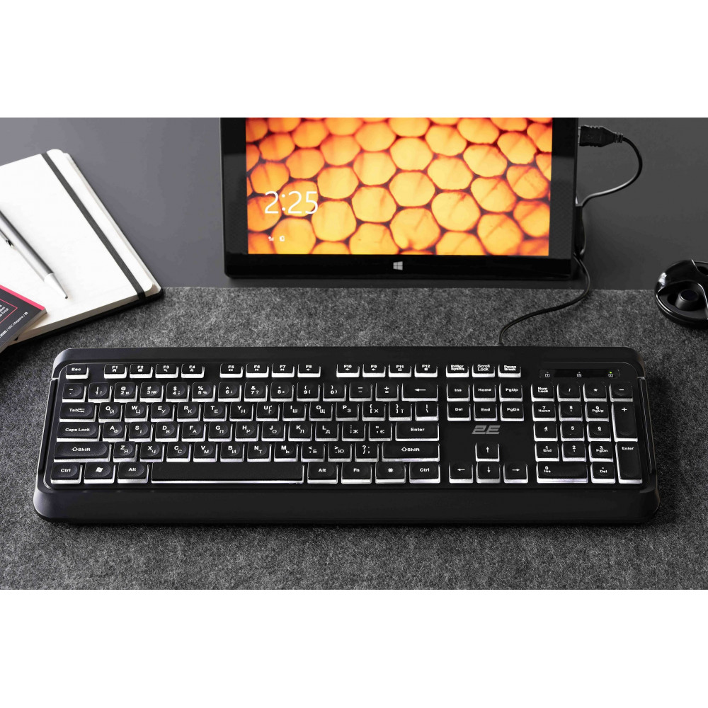 Клавіатура мембранна 2E KS120 104key, USB-A, EN/UK, White LED, чорний