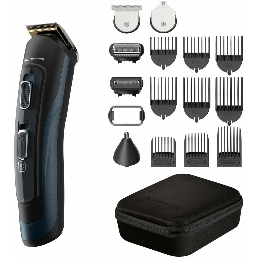 Тример Rowenta Selectium, для бороди, вусів, голови, носа, вух і тіла, мережа+акум., роторний мотор, насадок-17, чохол, титан.напил., чорний