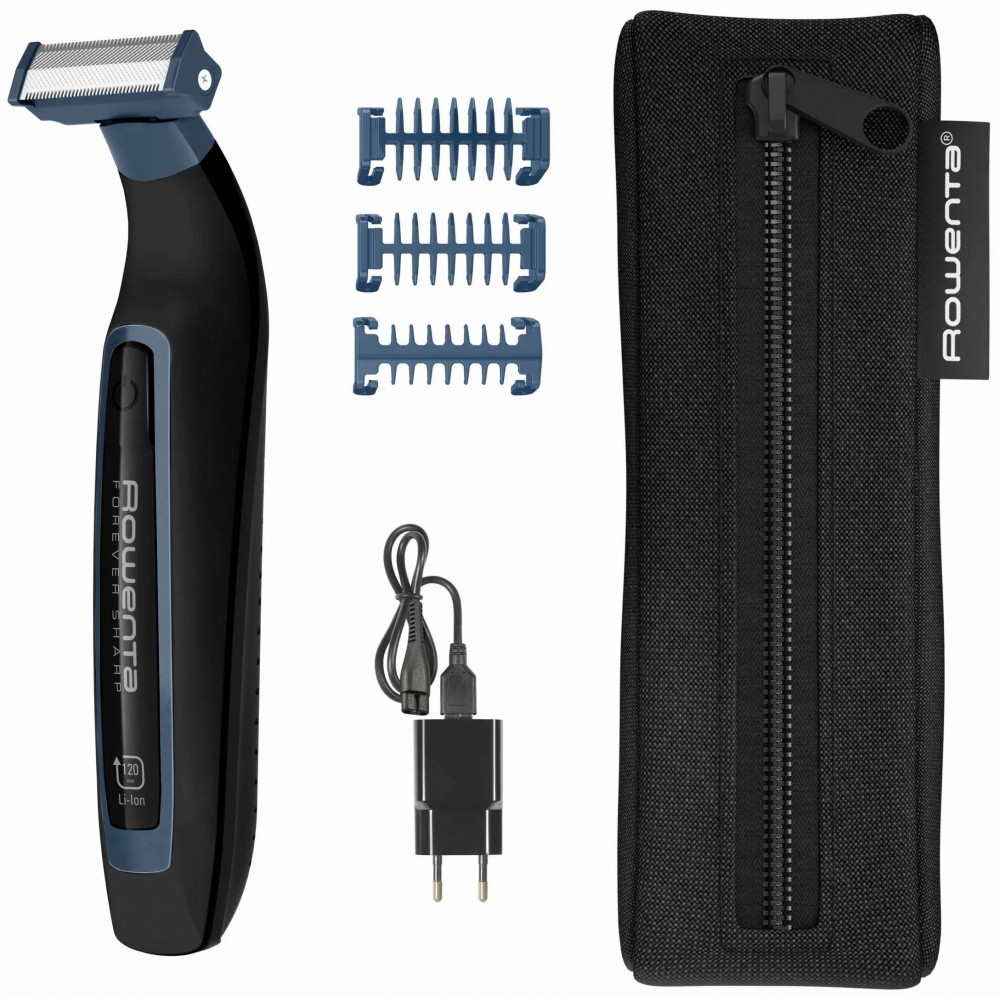 Тример Rowenta Forever Sharp Sport Collection, для бороди і вусів, мережа+акум., роторний мотор, насадок-3, сталь, чорно-синій