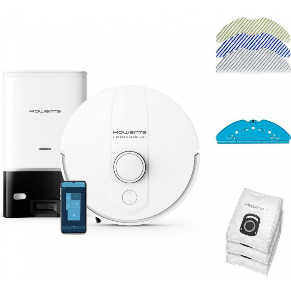 Робот-пилосос Rowenta миючий X-Plorer Serie 140+ Total Care, 5000ПаВт, h=9.5см, 0.29л, конт пил -0.28л, вода - вологе прибирання, автон. робота до 120хв, самоочистка, білий