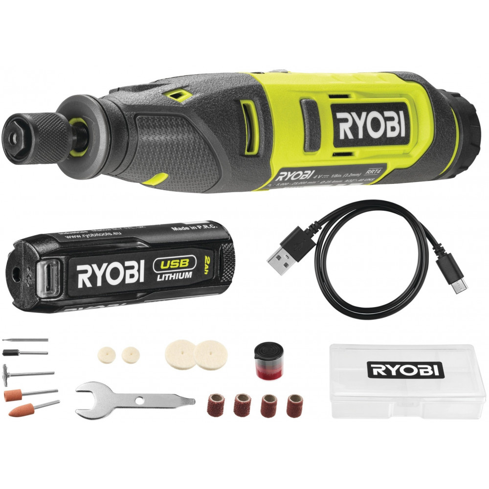 Шліфмашина шліфувально-гравірувальна акумуляторна Ryobi USB Lithium RRT4-120GA15 4В 1х2А·год 15 аксесуарів 0.23кг