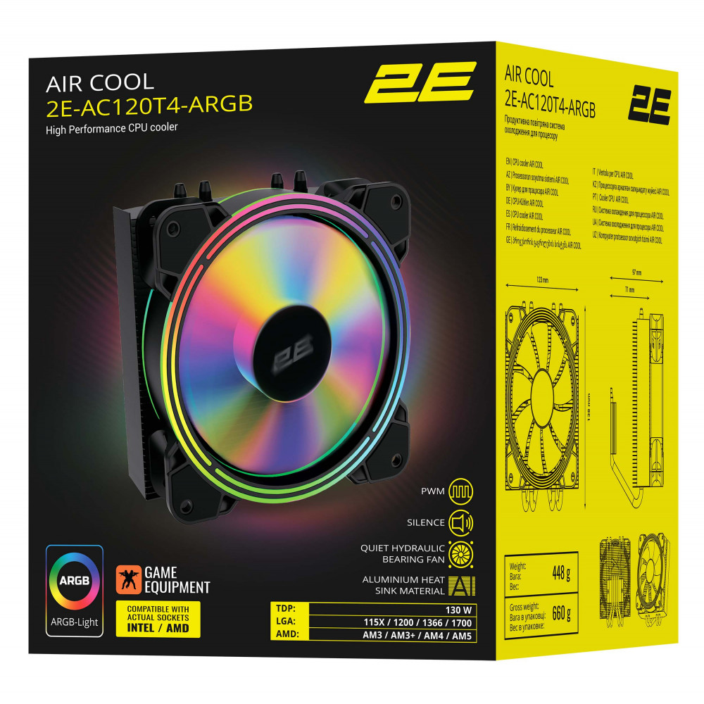 Процесорний кулер 2E GAMING Air Cool AC120T4-ARGB, LGA1851, 1700, 1200, 115x, 1366, AM5, AM4, AM3, AM3+, 4pin PWM, 3pin +5VARGB, TDP 130W