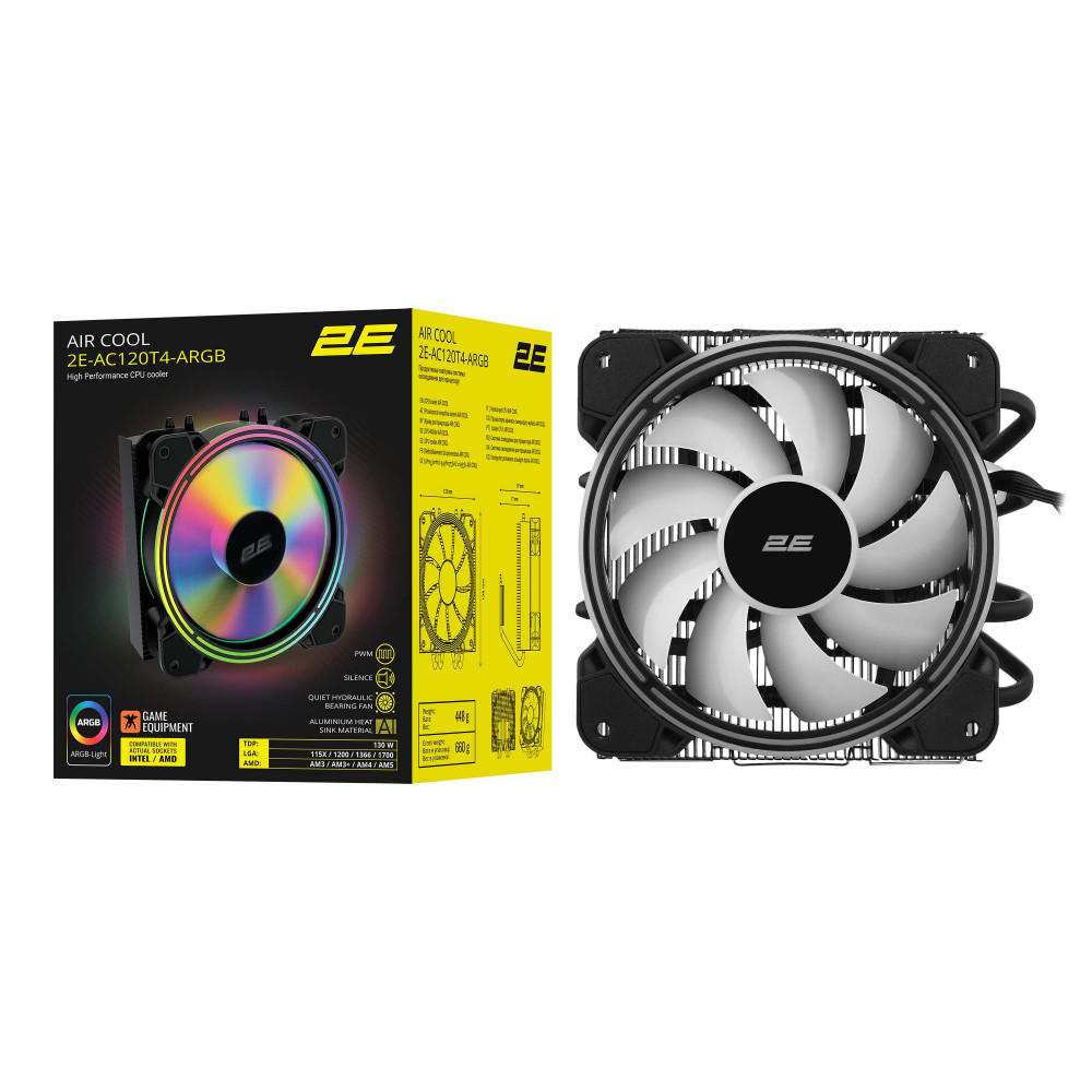 Процесорний кулер 2E GAMING Air Cool AC120T4-ARGB, LGA1851, 1700, 1200, 115x, 1366, AM5, AM4, AM3, AM3+, 4pin PWM, 3pin +5VARGB, TDP 130W