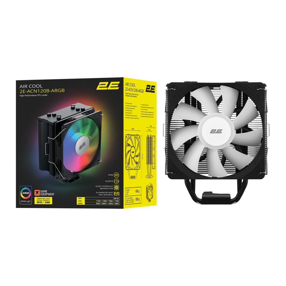Процесорний кулер 2E GAMING Air Cool ACN120B-ARGB, LGA1851, 1700, 1200, 115x, 1366, AM5, AM4, AM3, AM3+, 4pin PWM, 3pin +5VARGB, TDP 180W