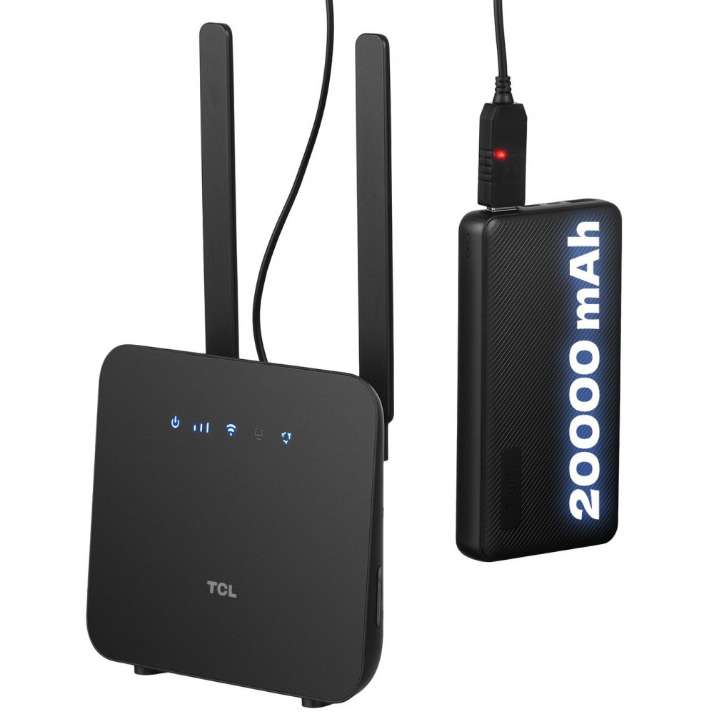 Маршрутизатор TCL LINKHUB (HH42CV2) LTE, Wi-Fi4, 1xFE LAN/WAN, 1xFE LAN, 2xSMA, Чорний + Power Bank 20000мА·год + USB-DC кабель 5В-12В