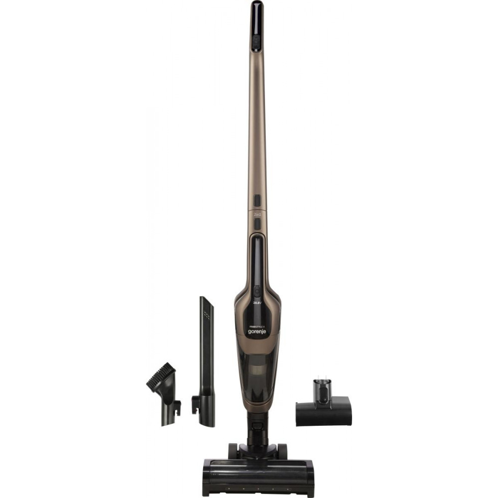 Пилосос Gorenje бездротовий, 176Вт, конт пил -0.6л, автон. робота до 70хв, HEPA, 2 в 1, підсвічування, індикатор, щітка- електротурбо, бронзи