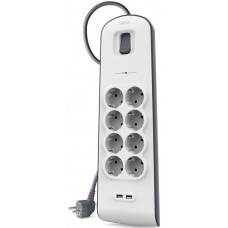 Подовжувач-фільтр мережевий Belkin 8хТип F, 3x1.5мм кв, 16А, 2xUSB-A 2.4A, з захистом від перенапруги, 2м, білий