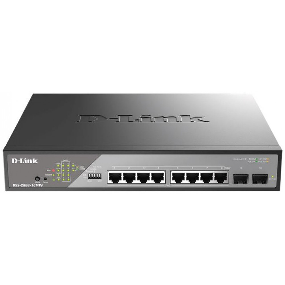 Комутатор D-Link DSS-200G-10MPP 8xGE PoE, 2xSFP, 242Вт, Некерований