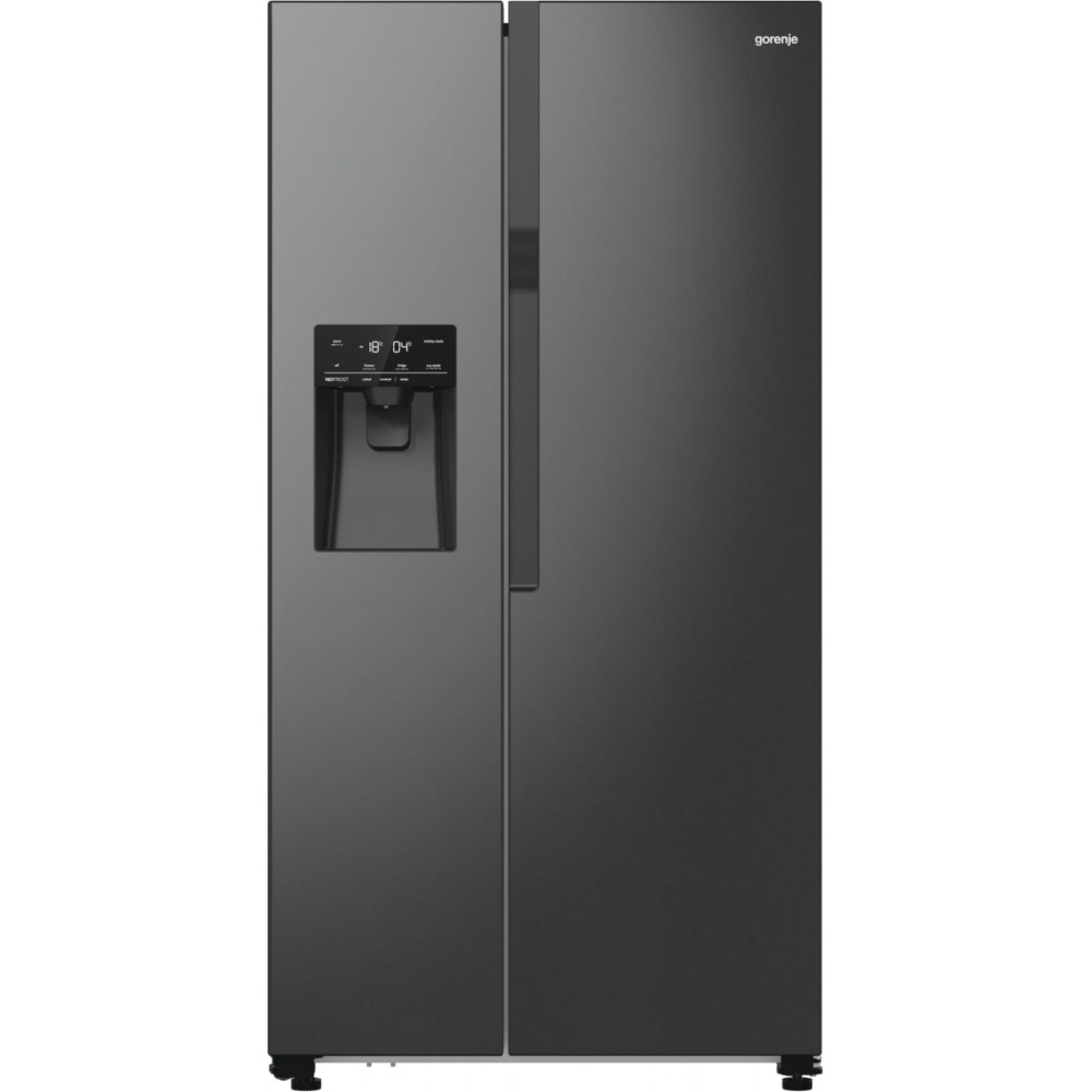 Холодильник SBS Gorenje, 179х70х92см, 2 двері, 376(190)л, А++, NF+, Інв., Зона св-ті, диспенсер, генератор льоду, Зовн. Диспл, чорний