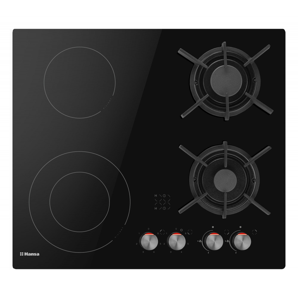 Варильна поверхня Hansa комбінована (2 газ + 2 електро), 59,2см, розширена зона, чавун, чорний