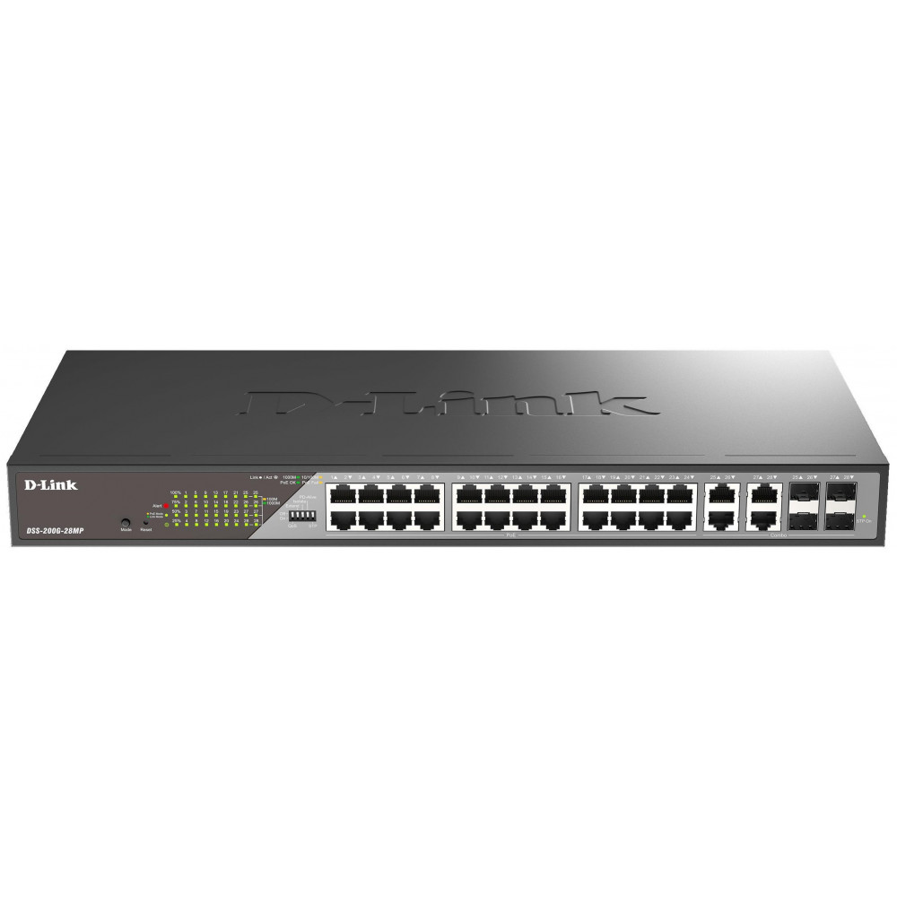 Комутатор D-Link DSS-200G-28MPP 24xGE PoE, 4xSFP/GE, 518Вт, Некерований
