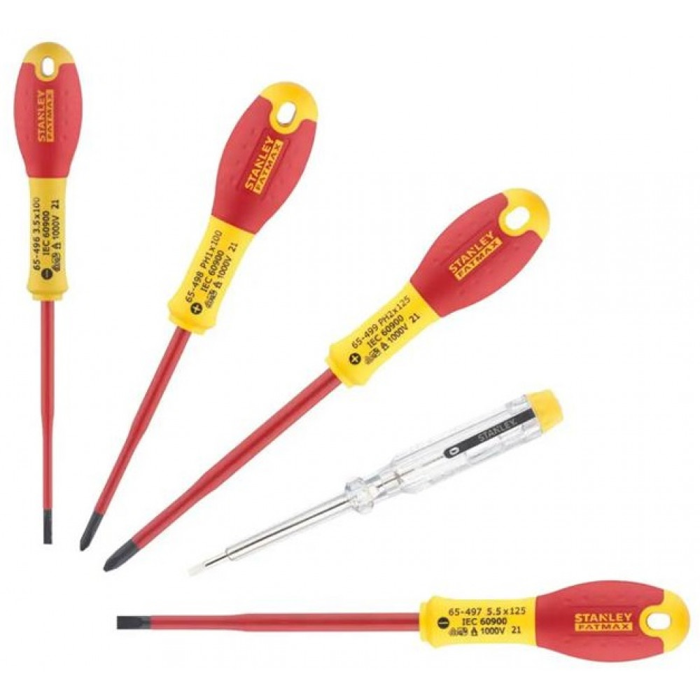 Викрутка Stanley FatMax набір 7шт, для робіт під напругою 1000В, прямий шліц 3.5х75мм/ 5.5х150мм, викрутки під шліц Philips Ph1x100/ Ph2x125