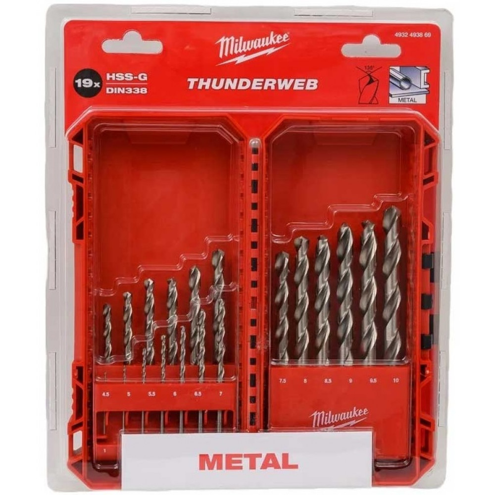 Набір свердел по металу Milwaukee HSS-G THUNDERWEB, 19 шт, 1-10мм, кейс