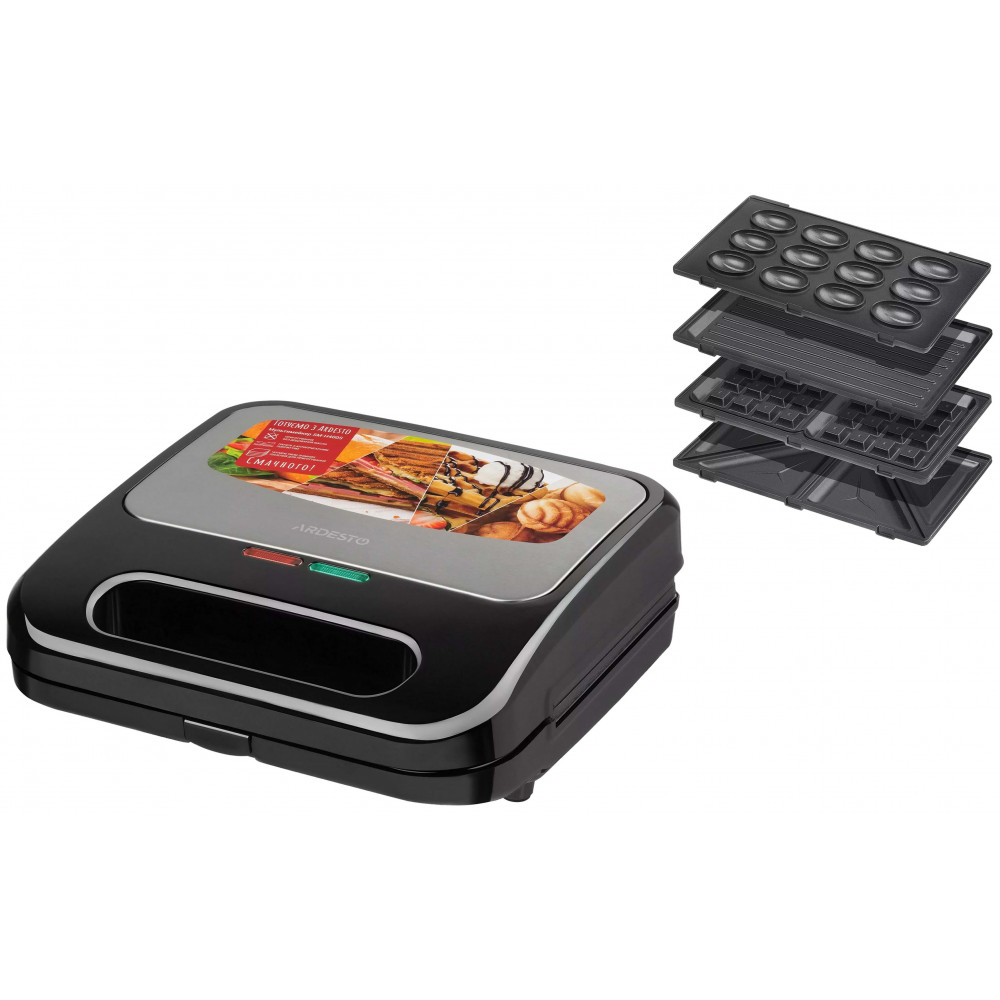 Сендвічмейкер Ardesto 700Вт, алюміній, 4 пластини, корпус-нержав.сталь/пластик, чорно-сріблястий