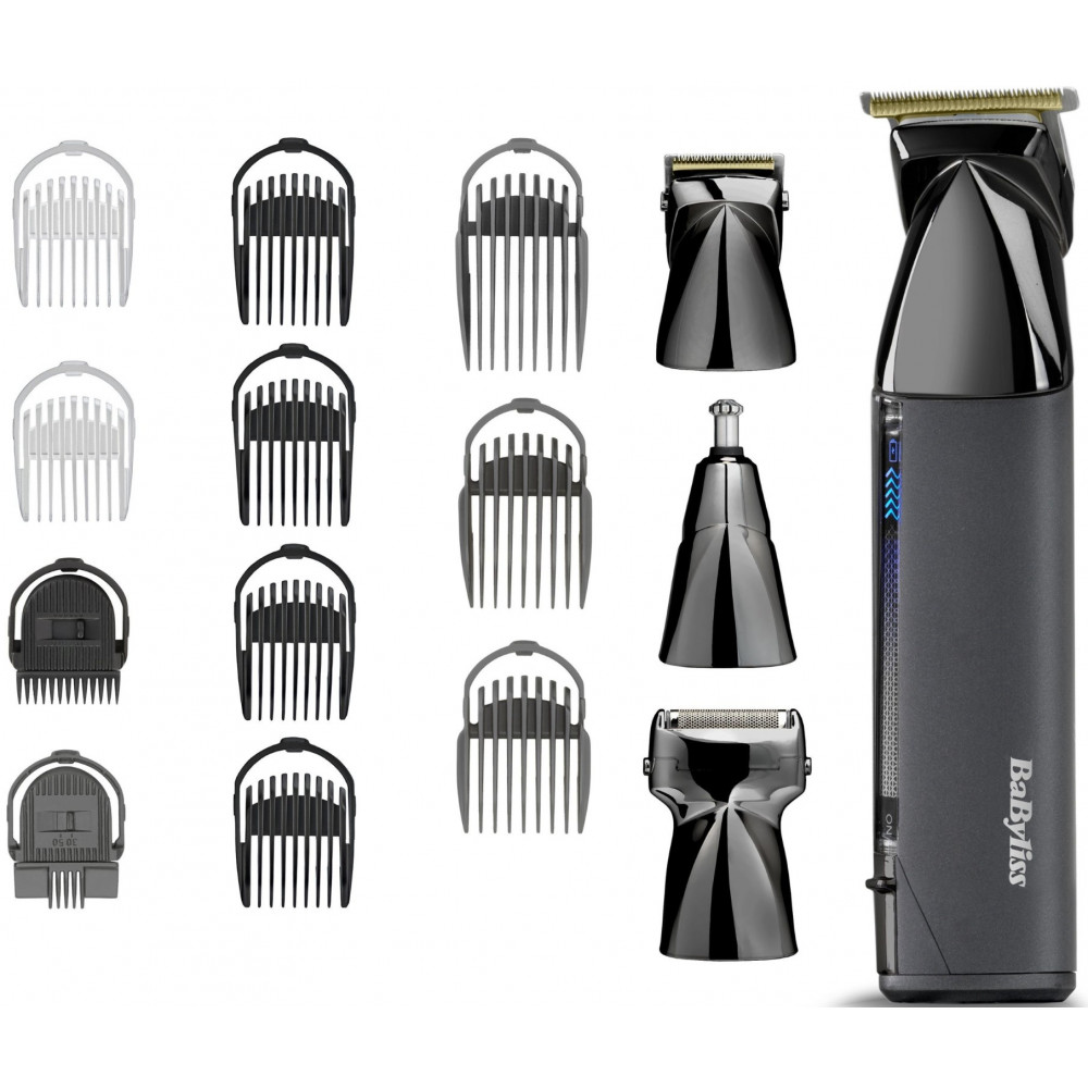 Набір для стрижки Babyliss Super-X Metal Black Edition, для голови, вусів, бороди,носа і тіла, акум., насадок-15, сумка для зберігання, підставка, сталь, чорний