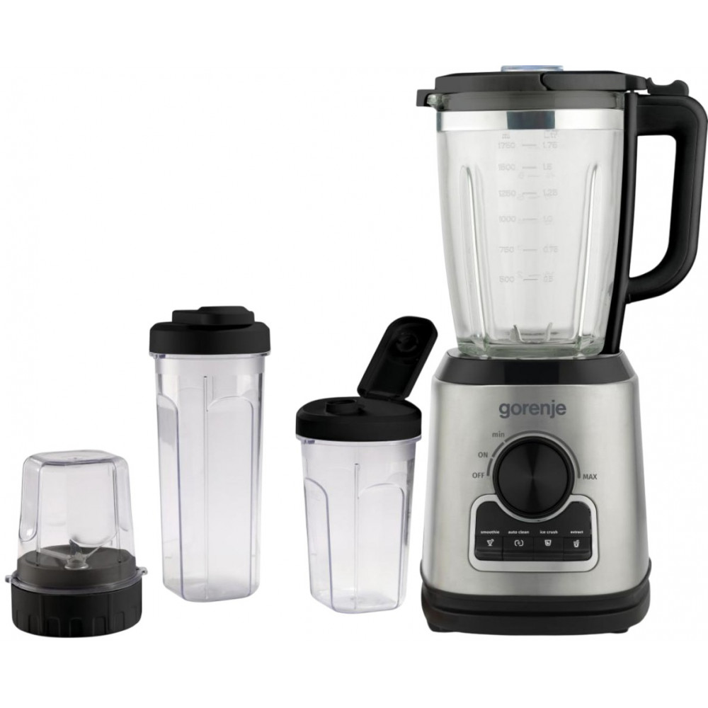 Блендер Gorenje стаціонарний 1400Вт, чаша-1750мл, додаткові ємкості, кавомолка, кришення льоду, приготування супу, імпульсний режим, метал