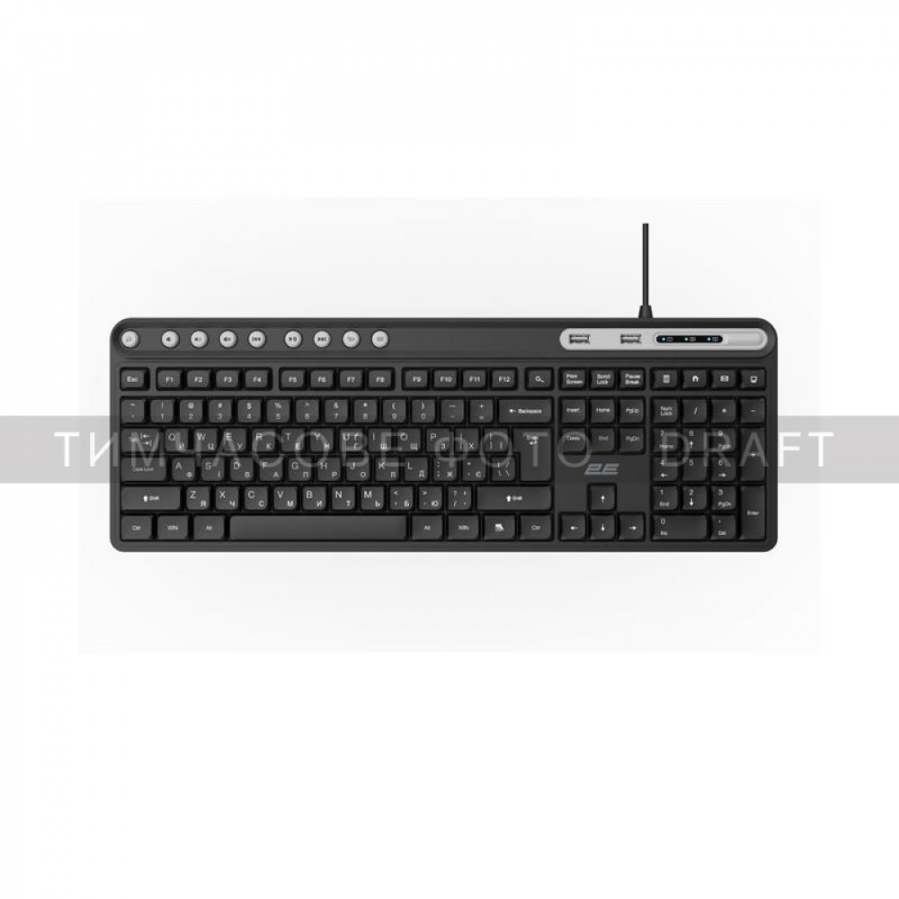 Клавіатура мембранна 2E KS1100 104key, 2xUSB HUB, USB-A, EN/UK, чорний