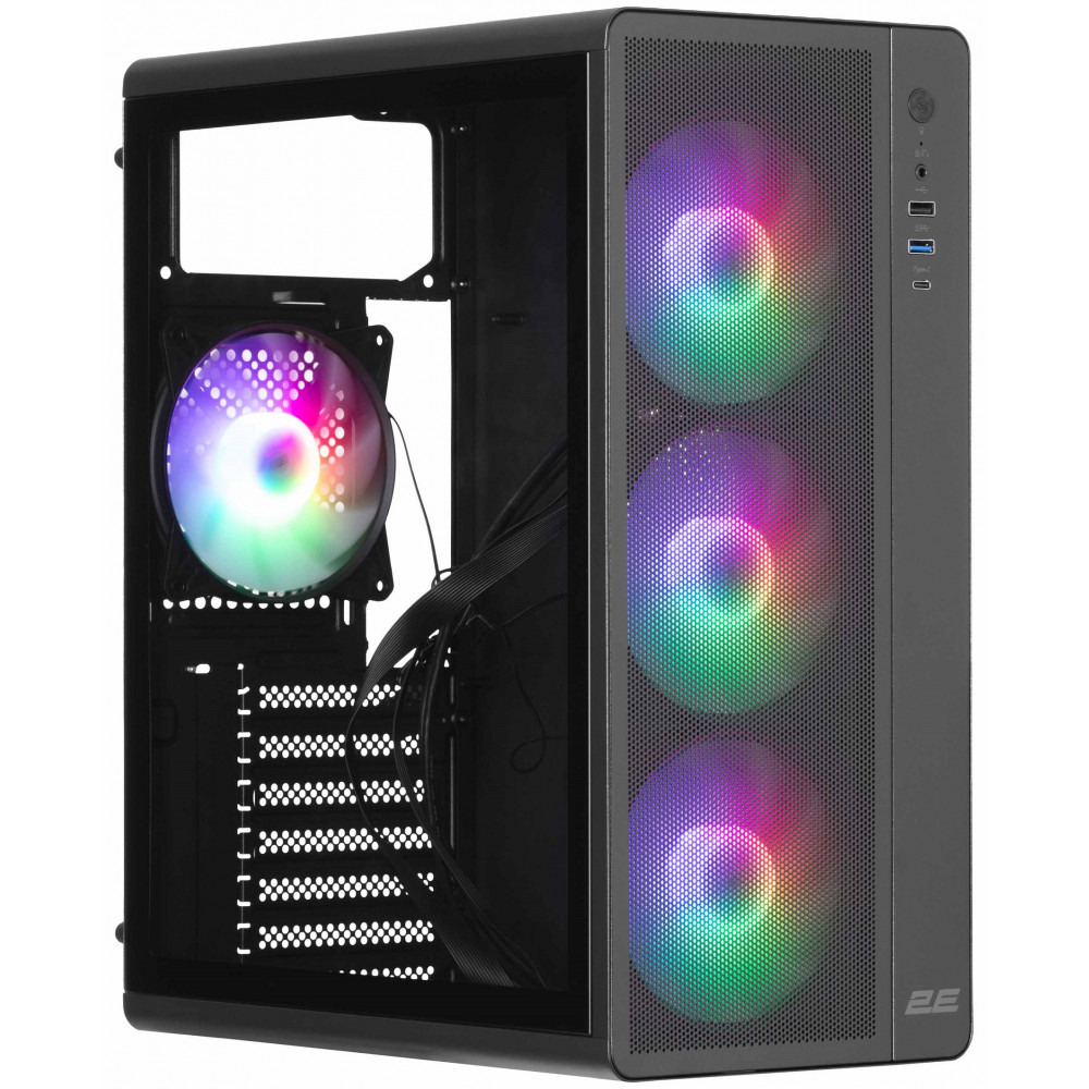 Корпус 2E GAMING Credo Plus V510B без БЖ, 1xUSB3.0, 1х USB 2.0, 1xUSB Type-C, 4x120мм RGB Rainbow, VGA 310мм, TG Side Panel, ATX, чорний