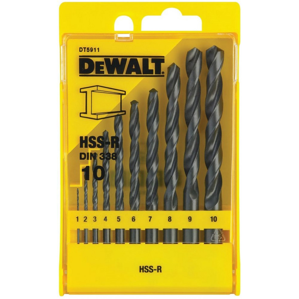 Набір свердел по металу DeWalt HSS-R, 10 шт, 1-10мм, кейс