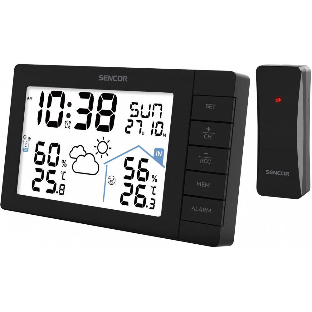 Метеостанція Sencor, внутр/зовн вимірювання, AAx3+AAx2, темп-ра, вологість, час, прогноз погоди, чорний