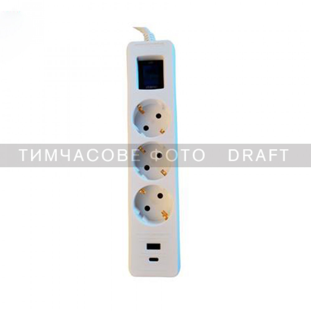 Подовжувач-фільтр мережевий 2E 3xТип F, 3x1.5мм кв, 16A, 1xUSB-A, 1xUSB-C, з захистом від перенапруги, 3м, білий