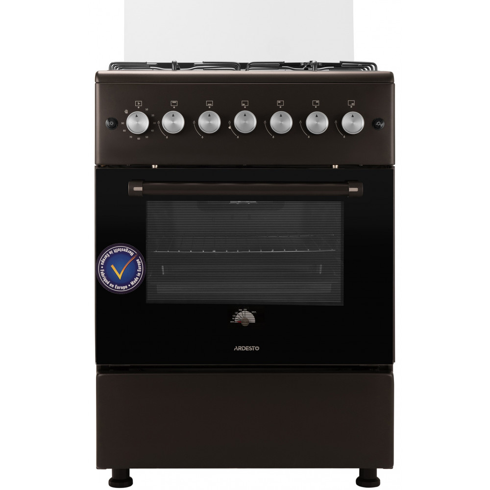 Плита Ardesto газова, 58л, 60x60см, скляна кришка, електропідпал, підсвічування, таймер, термометр, каво адаптер, відкидна шухляда, форсунки LPG (підключення газового балона), чорний