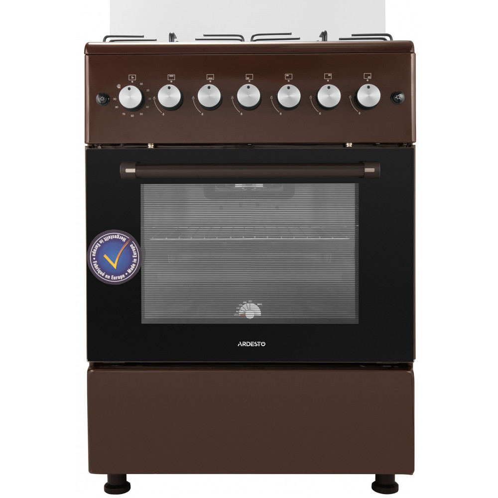 Плита Ardesto газова, 58л, 60x60см, скляна кришка, електропідпал, підсвічування, таймер, термометр, відкидна шухляда, форсунки LPG (підключення газового балона), коричневий