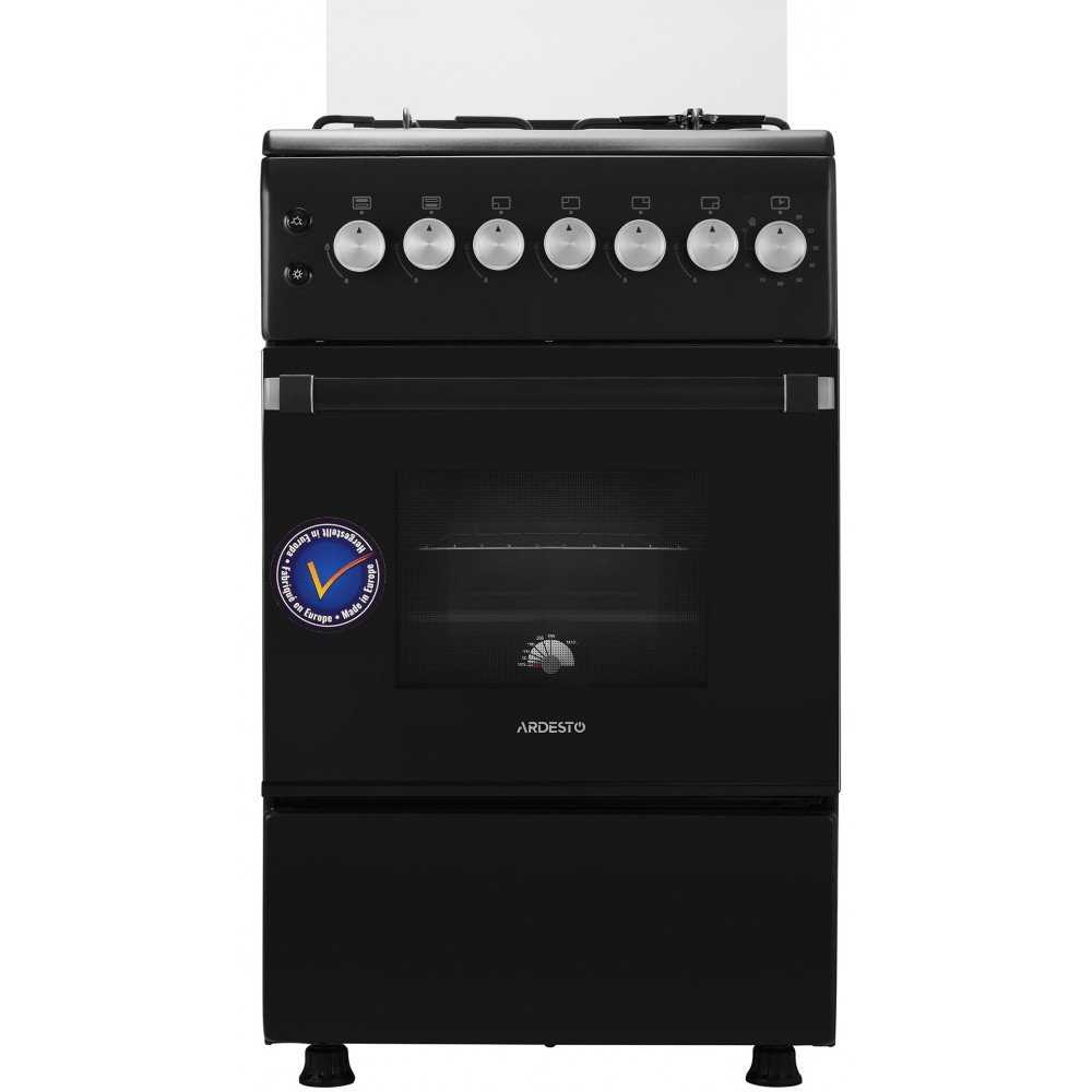 Плита Ardesto газова, 50л, 50x60см, скляна кришка, електропідпал, таймер, термометр, каво адаптер, форсунки LPG (підключення газового балона), чорний
