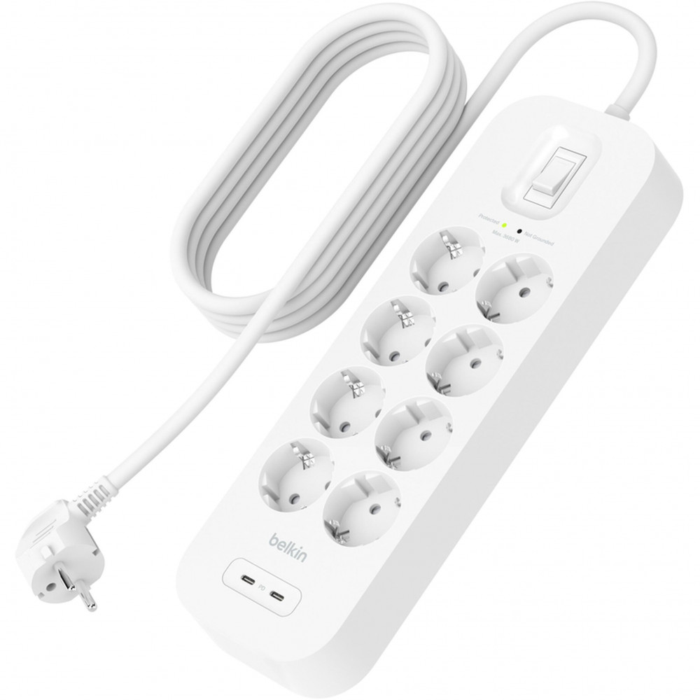 Подовжувач-фільтр мережевий Belkin 8хТип F, 3x1.5мм кв, 16А, USB-C/USB-C 30Вт, з захистом від перенапруги, 2м, білий
