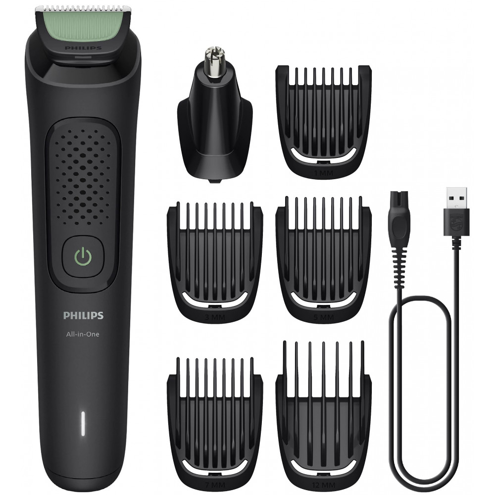 Тример Philips All-in-One Trimmer 3000 Series, для обличчя, голови, носа, акум., насадок-7, сталь, чорний