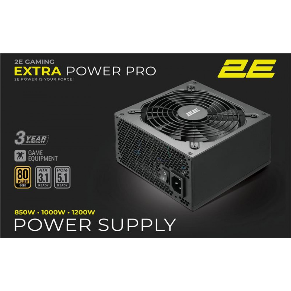 Блок живлення 2E GAMING Extra Power Pro ATX3.1 GEN5.0  (850W), >90%, 80+ Gold, 140мм, 1xMB 24pin(20+4), 2xCPU 8pin(4+4), 3xMolex, 6xSATA, 4xPCIe 8pin(6+2), 1xPCIe GEN5 16pin, Full Modular