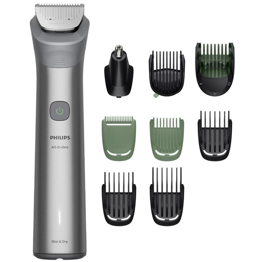 Тример Philips Series 5000, для обличчя, голови, тіла, акум., насадок-9, сталь, сірий