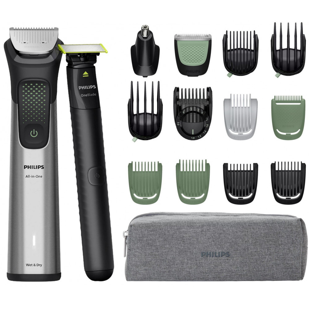 Тример Philips Series 9000, для обличчя, голови, тіла, акум., насадок-17, OneBlade в компл., сталь, сірий